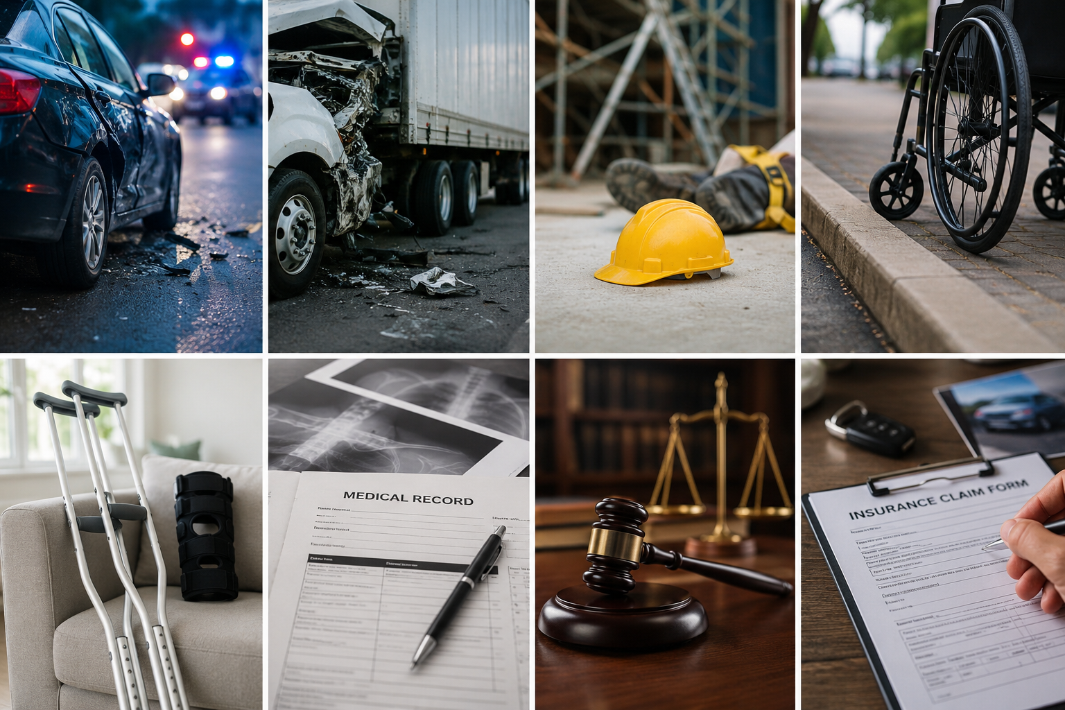 Personal injury collage reflecting victims, recovery, attorney guidance, claim evidence, and compensation after motor vehicle accidents.
