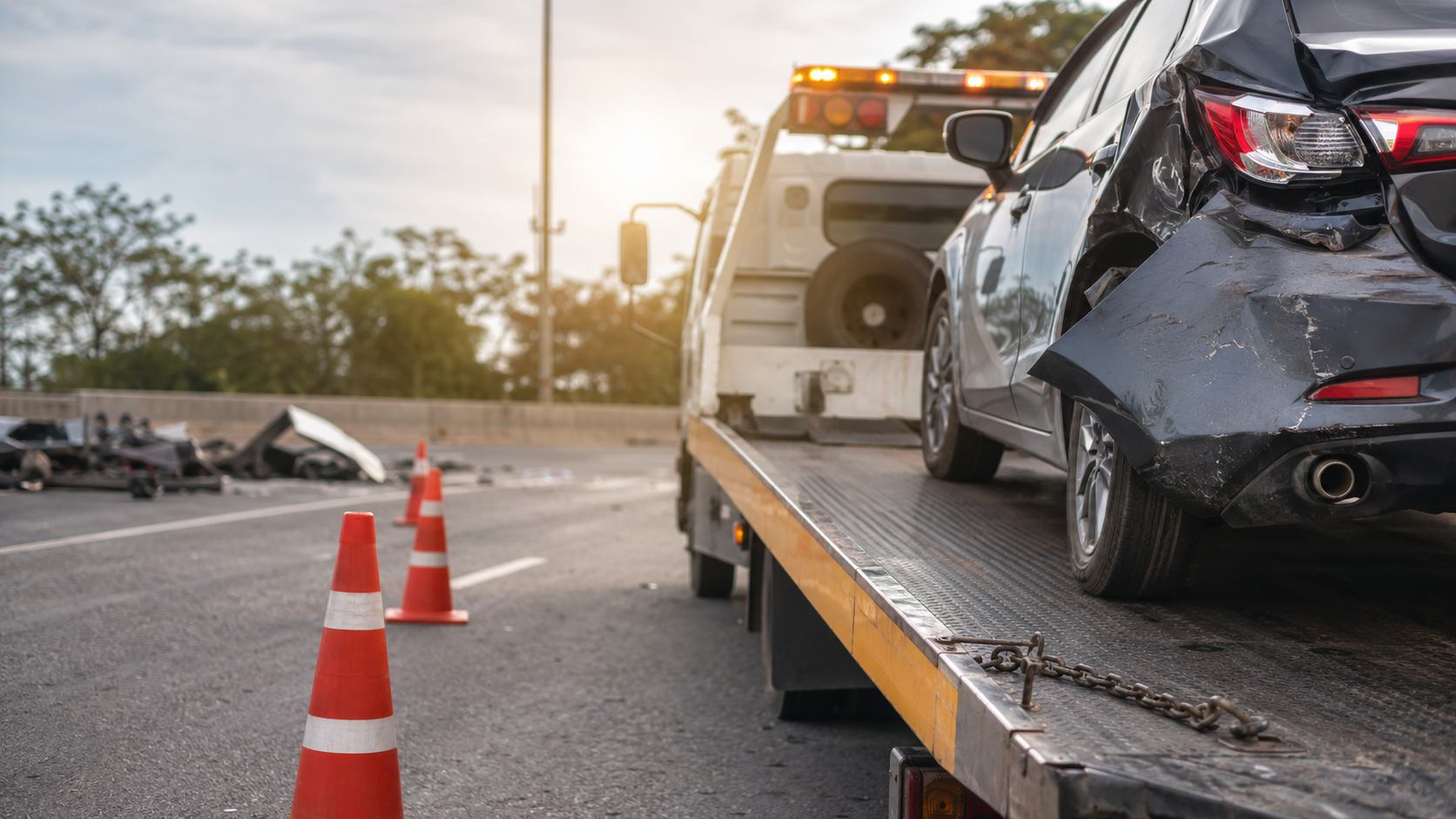 Tow truck crash recovery photo supporting a car accident claim with injury evidence, damages, liability, and compensation concerns.
